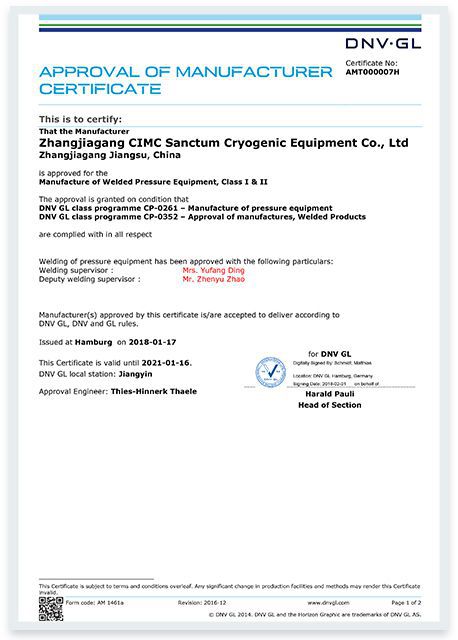 DNV GL Approval of Manufacturer Certificate